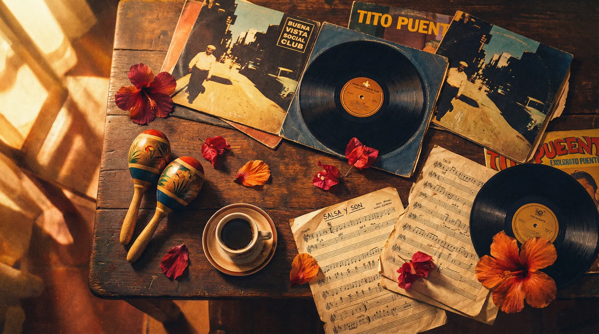 Vintage Latin music records and instruments on wooden table