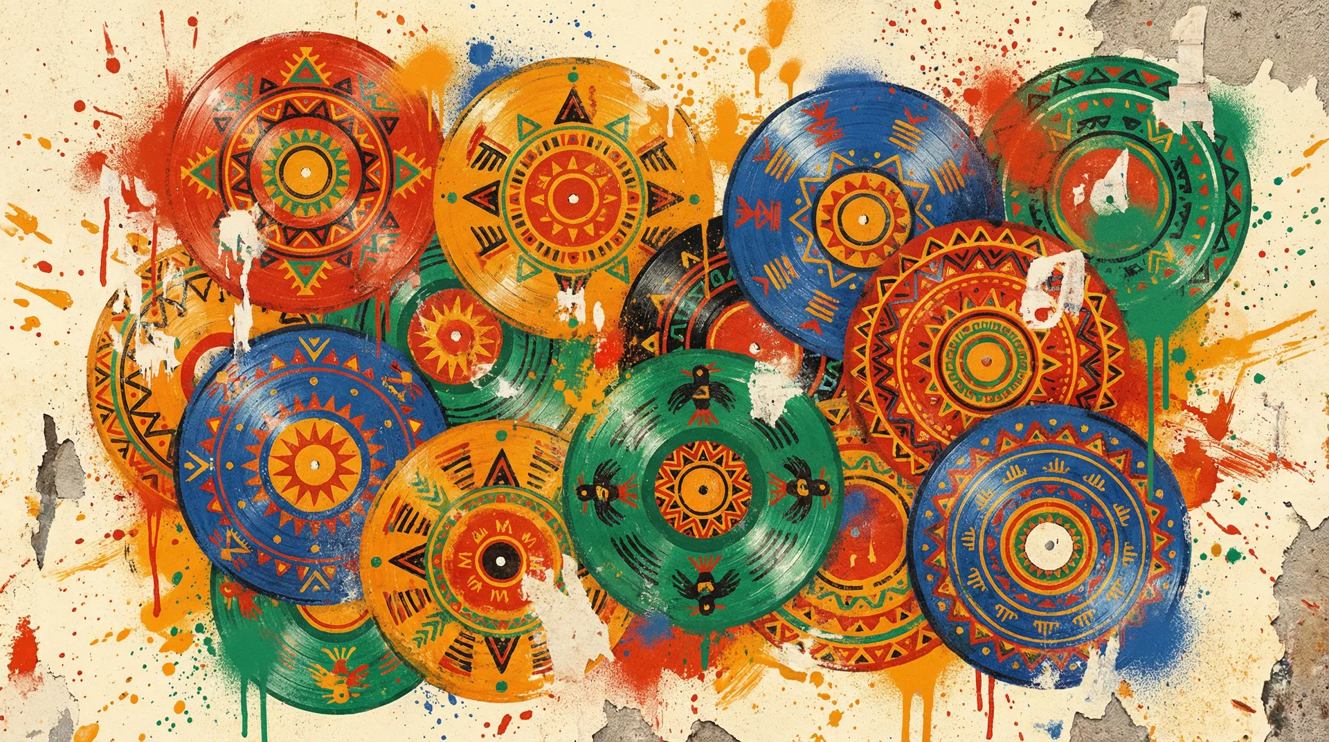 Colorful painted vinyl records with Latin American tribal patterns