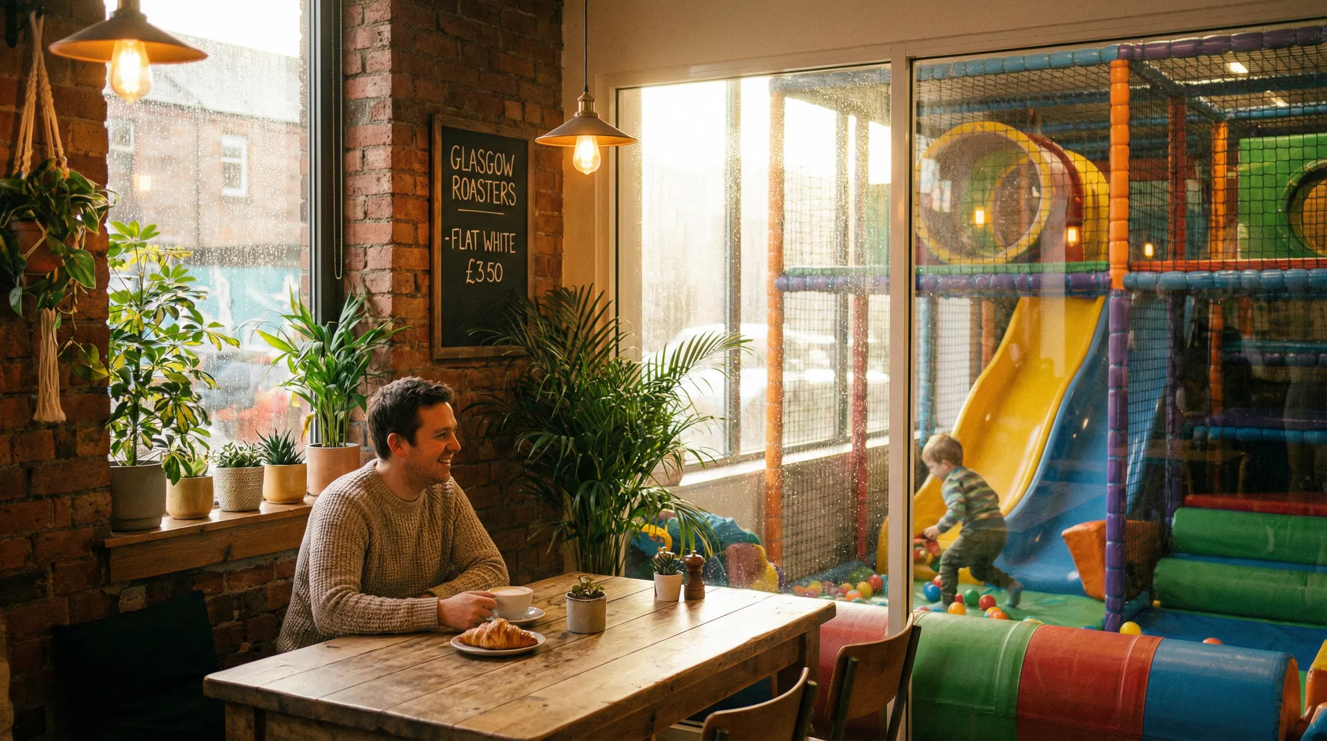 Parent enjoying coffee at a Glasgow soft play cafe while watching their child play on colourful equipment through a glass window