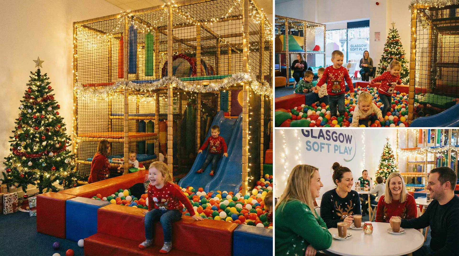 Festive Christmas scene at a Glasgow soft play centre with fairy lights, Christmas tree, children in festive jumpers playing on climbing frames and parents enjoying hot chocolate at the cafe