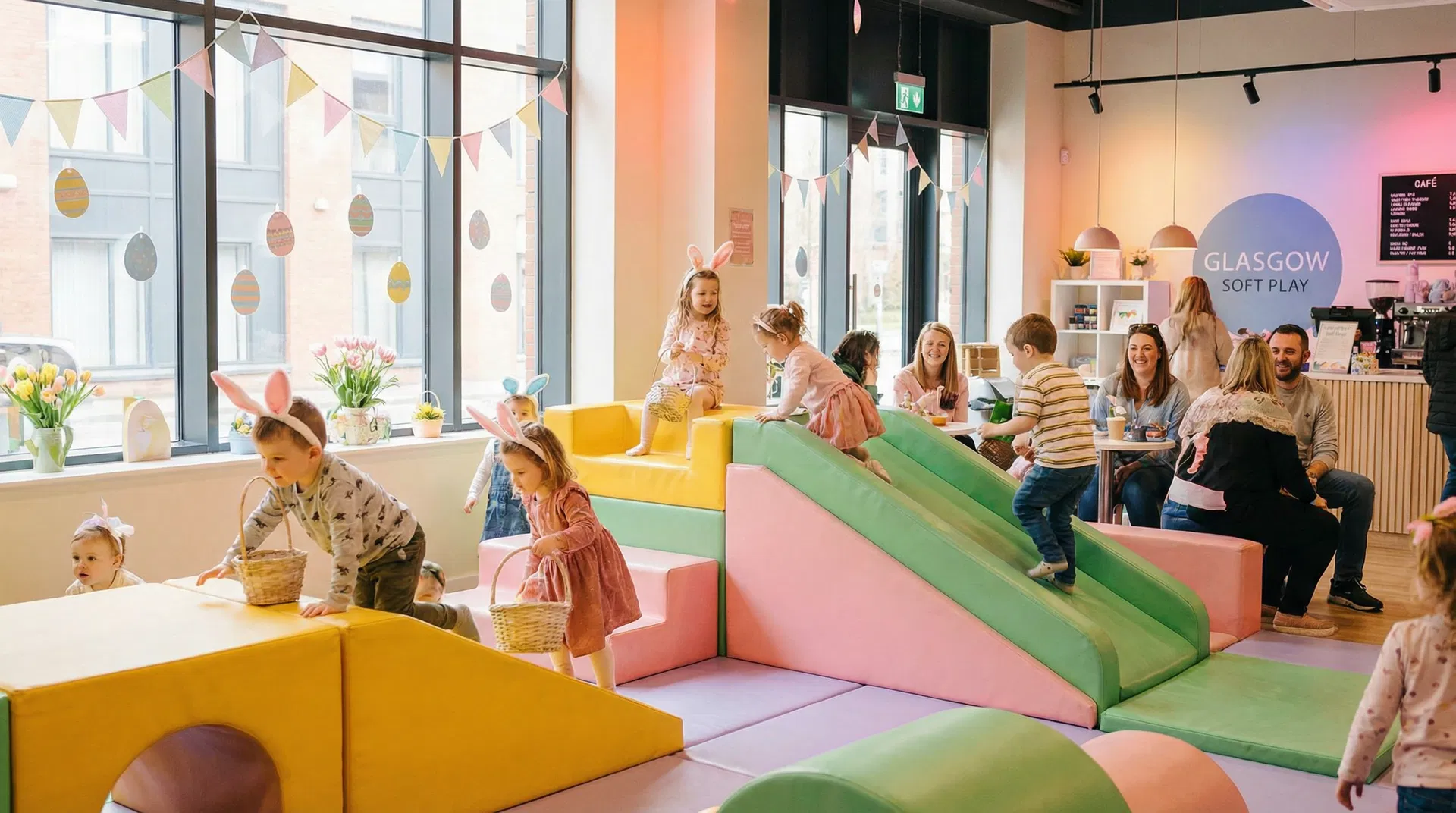 Bright Easter-themed soft play centre in Glasgow with pastel decorations, bunting, children wearing bunny ears playing on colourful foam equipment, and parents enjoying the cafe
