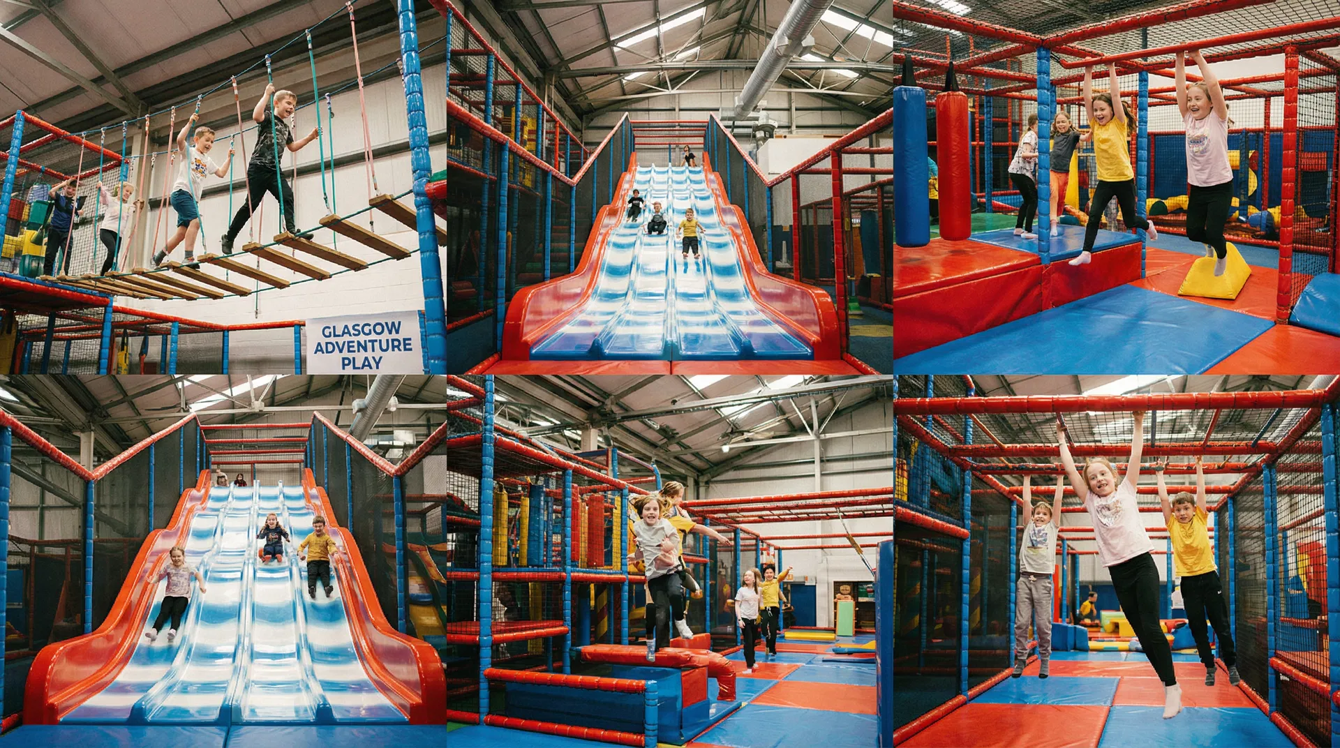 Older children aged 8-12 racing down tall wave slides and climbing rope bridges at a large adventure soft play centre in Glasgow