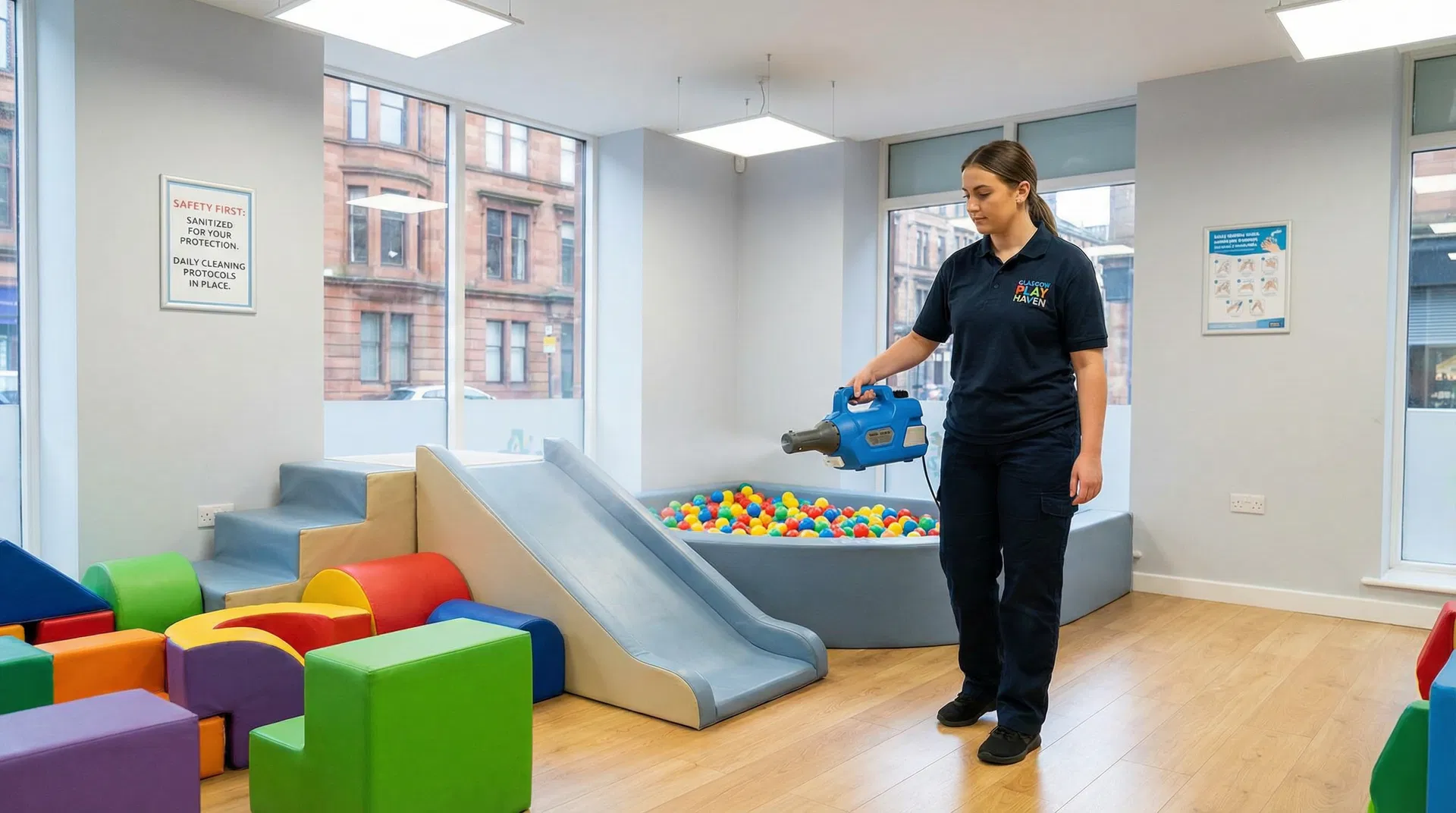 Staff member sanitising soft play equipment in a bright Glasgow play centre with safety signage visible on walls
