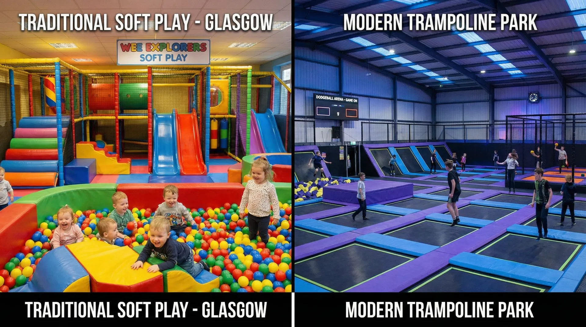 Split comparison showing a colourful soft play centre with young children on the left and a modern trampoline park with older kids bouncing on the right
