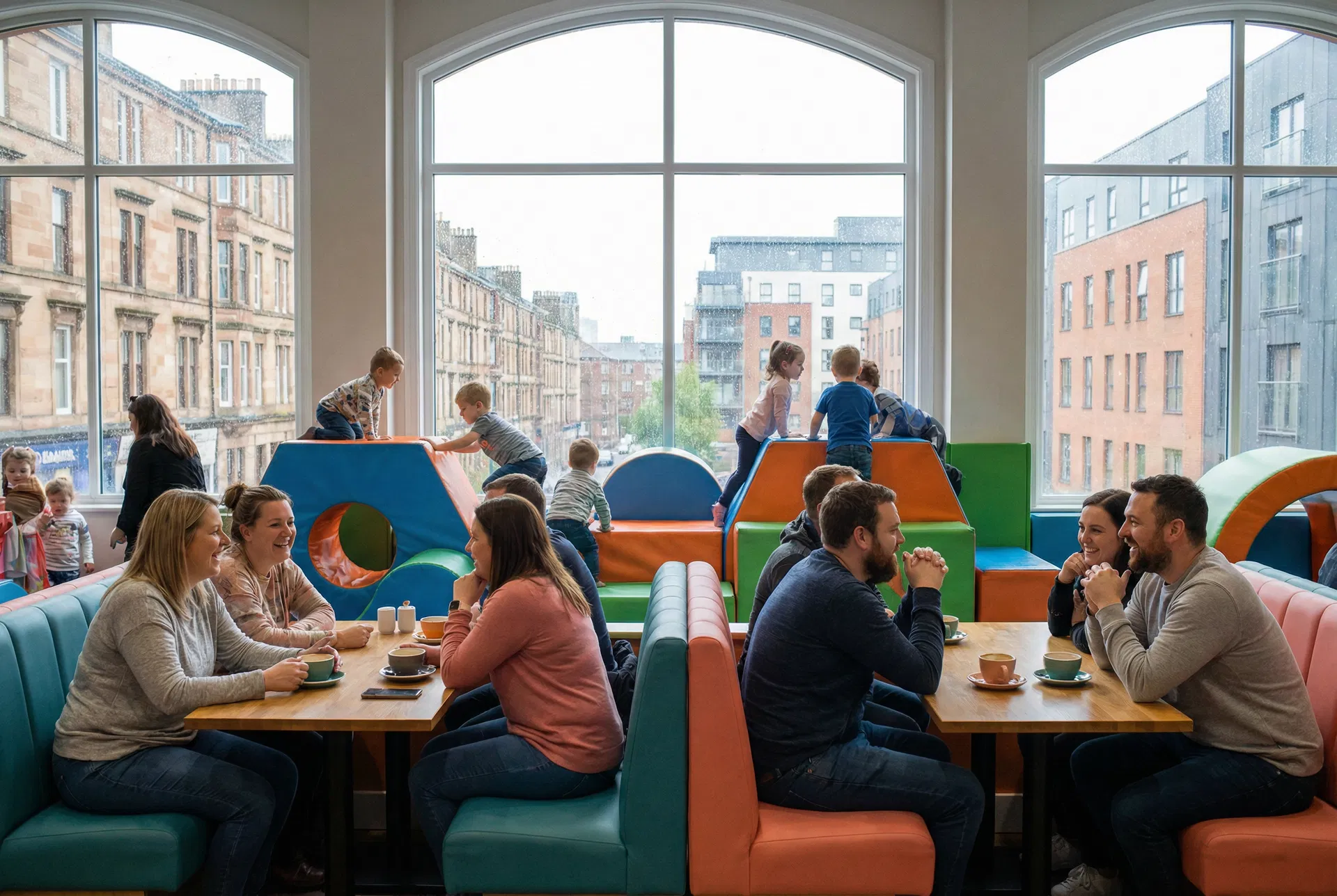 Glasgow families enjoying time together at an indoor soft play centre, with parents watching children play on colourful equipment
