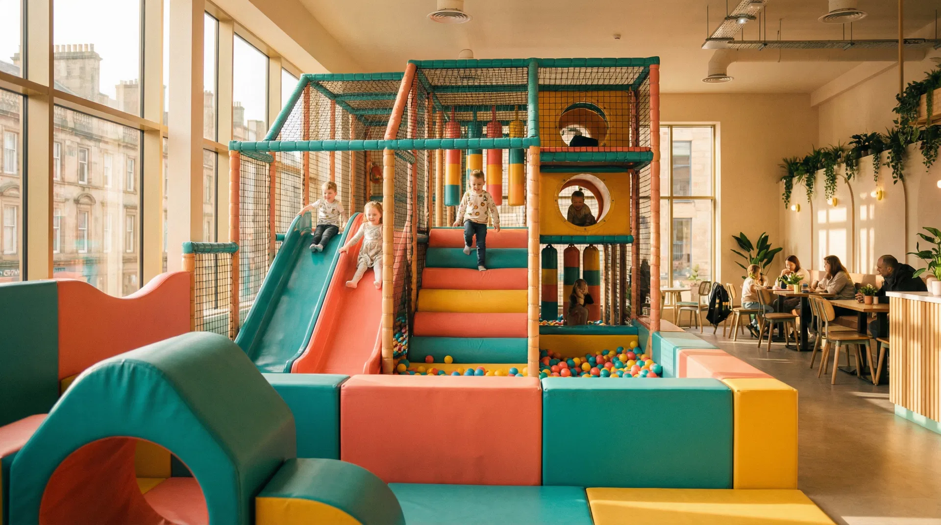 Children playing on colourful soft play equipment at an indoor play centre in Glasgow, with slides, ball pits, and climbing frames