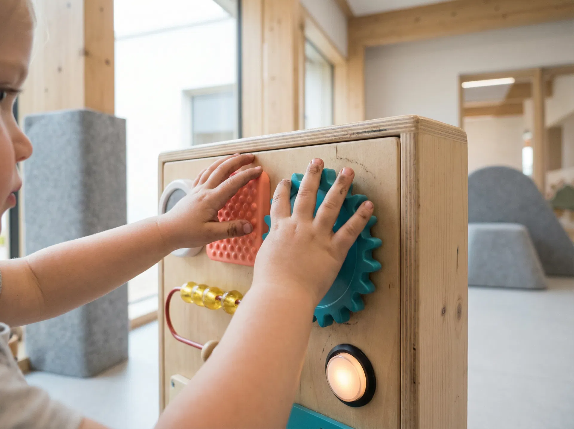 Child exploring a sensory play wall with textured surfaces, spinning gears, and light-up buttons at a Glasgow play centre