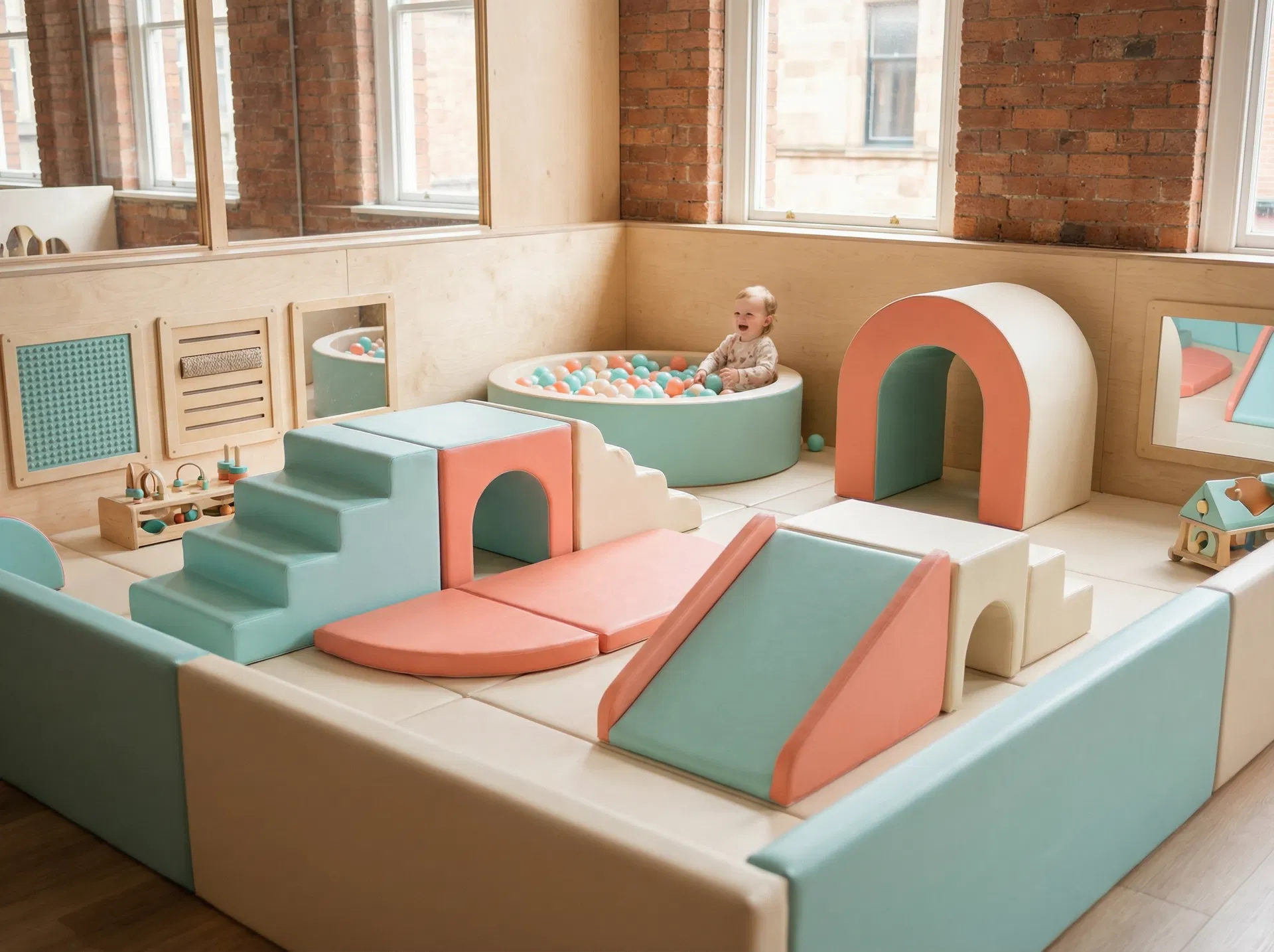 Toddler playing in a colourful soft play area with foam shapes, mini slides, and a ball pit at a Glasgow play centre