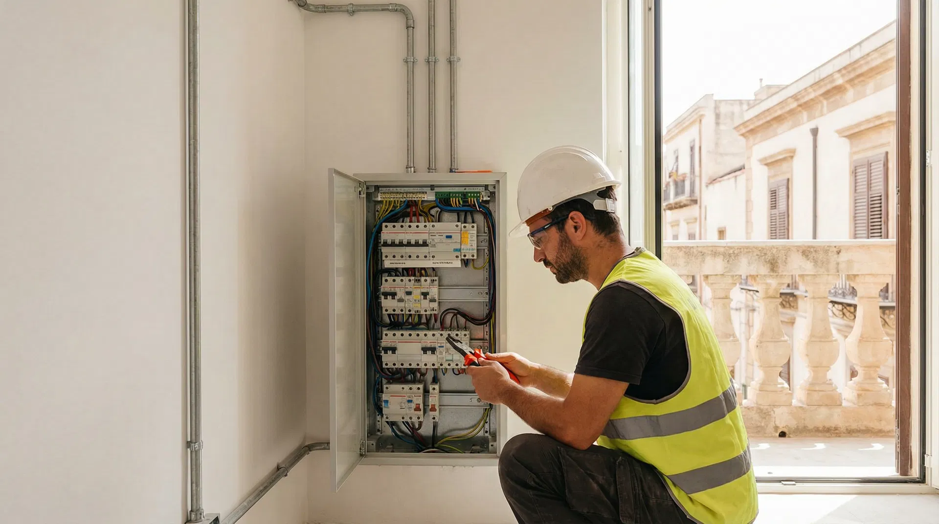 Impianto elettrico in fase di rifacimento in un cantiere edile a Palermo.