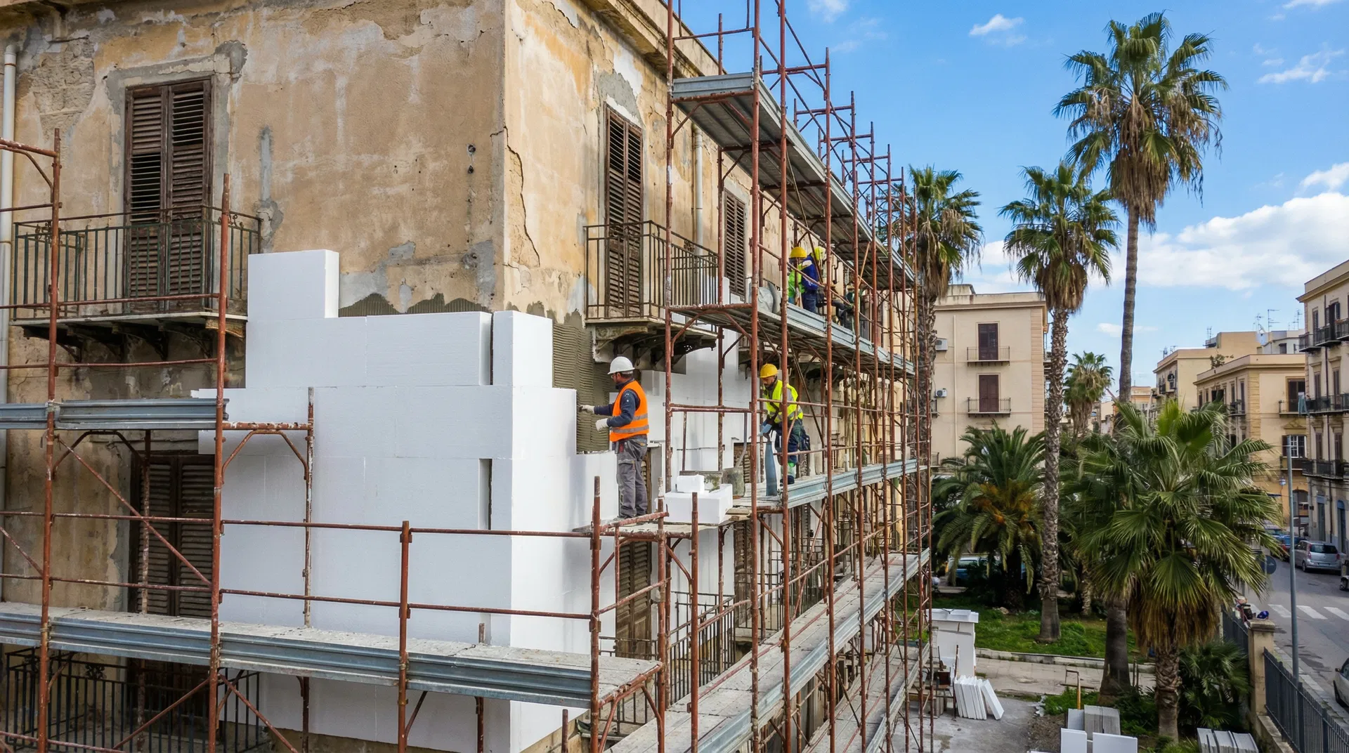 Installazione di un cappotto termico esterno su una facciata di un edificio a Palermo.