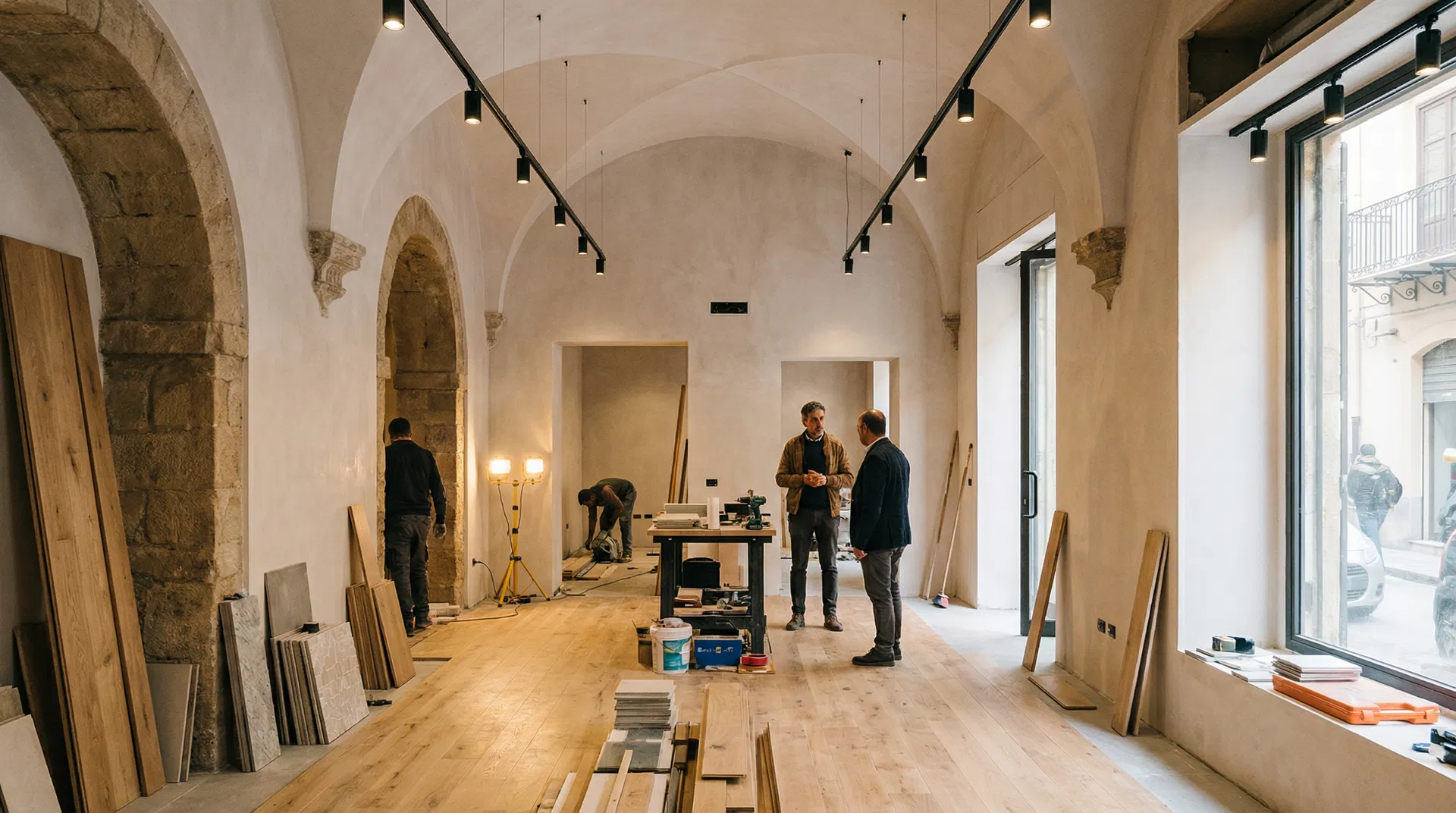 Rendering di un negozio moderno e luminoso dopo una ristrutturazione commerciale a Palermo.