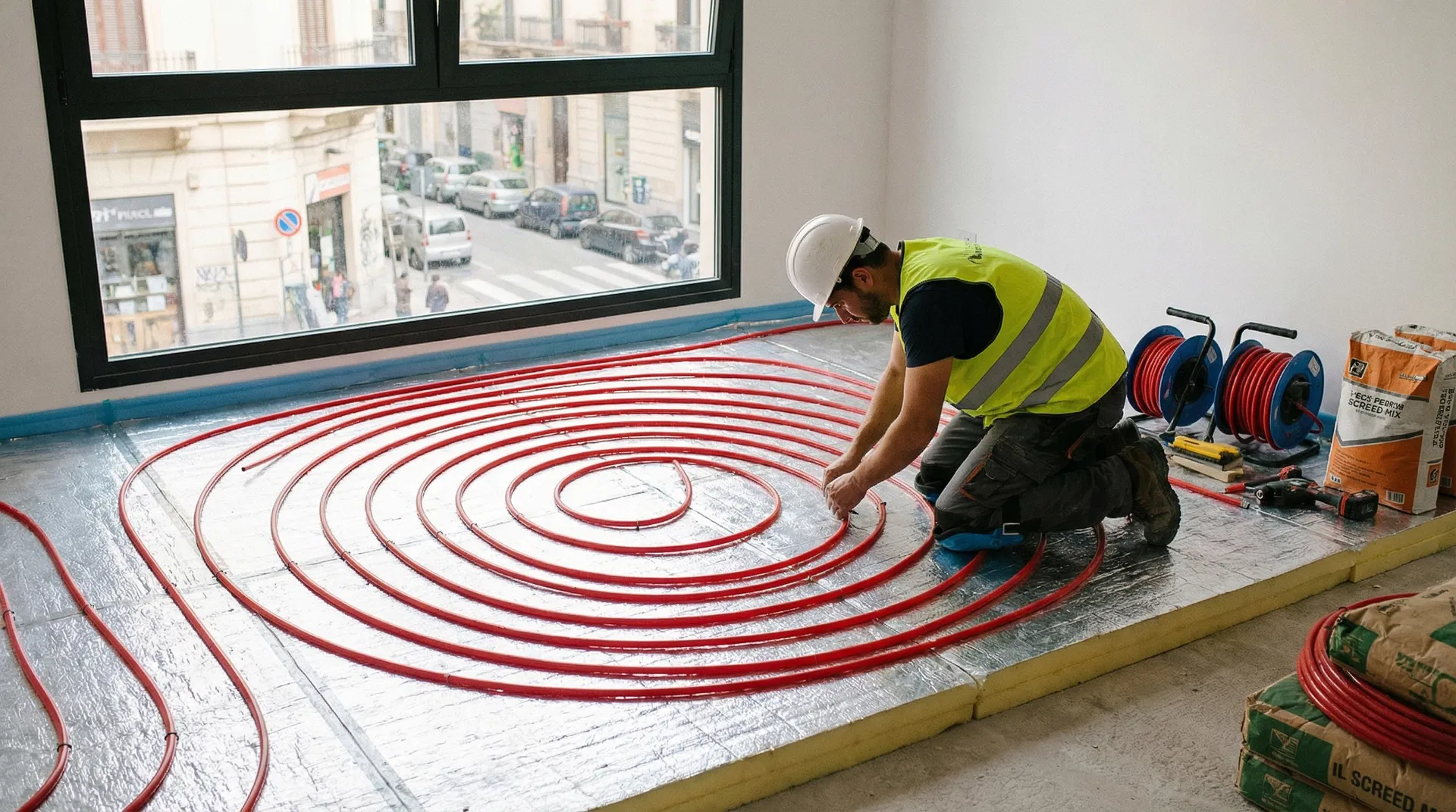 Impianto di riscaldamento a pavimento radiante installato in un soggiorno moderno a Palermo