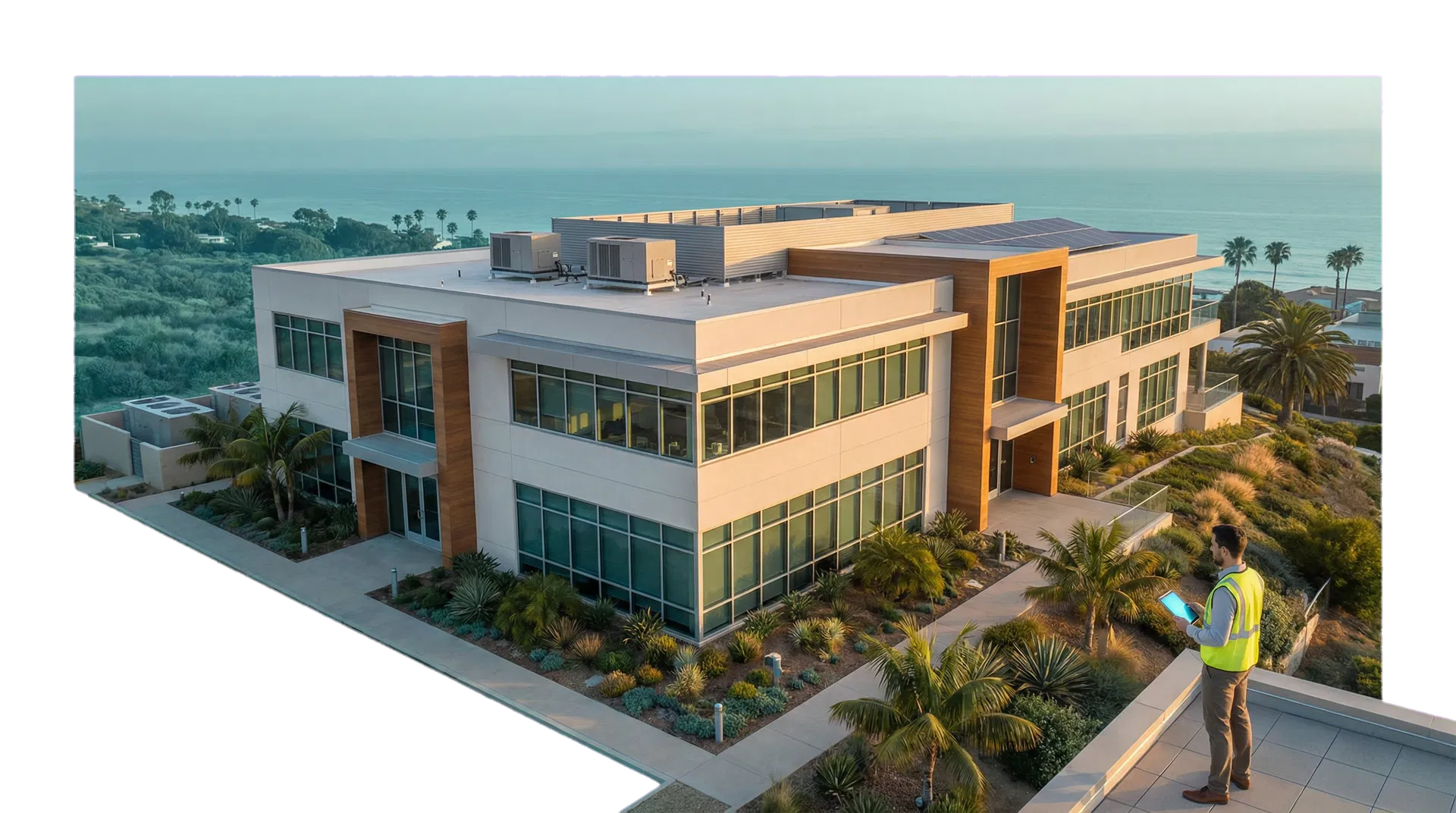 Modern Southern California commercial property with visible efficiency systems