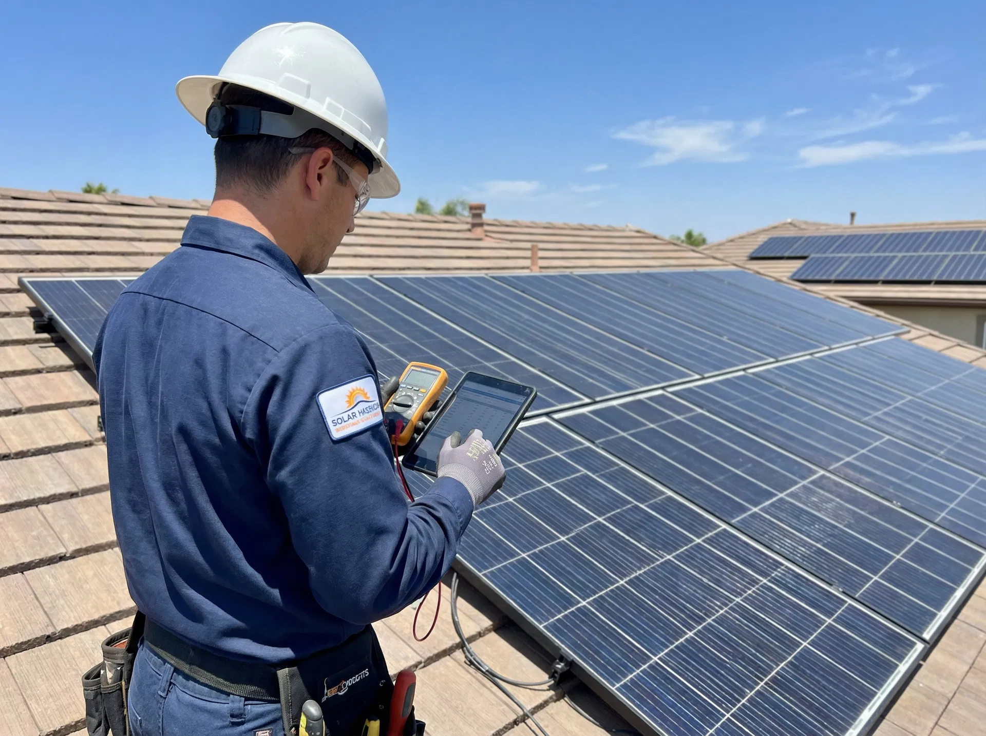 Electrician servicing solar panels