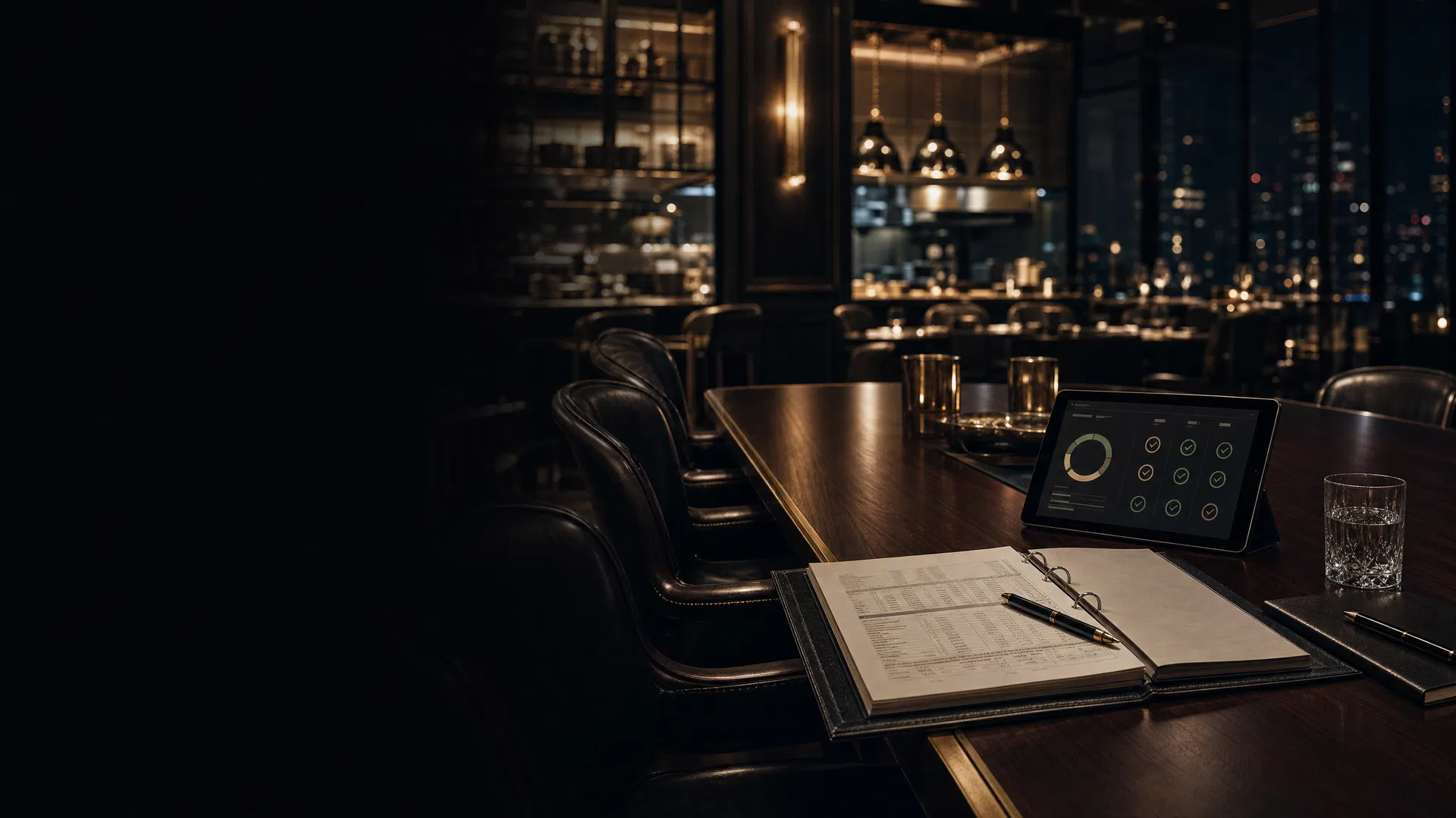 Restaurant owner reviewing payroll spreadsheets at a table after close