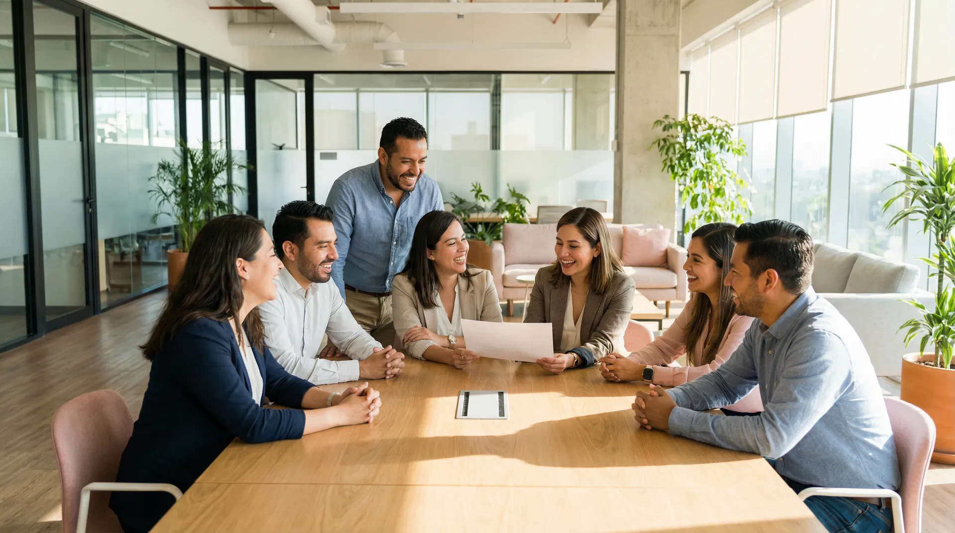 Equipo de empleados felices con nuevos beneficios