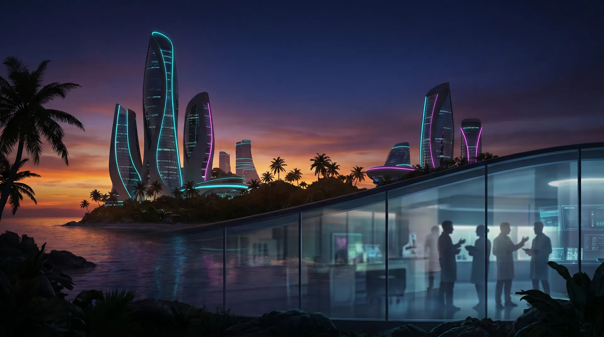 Futuristic tropical Infinita city and lab scene