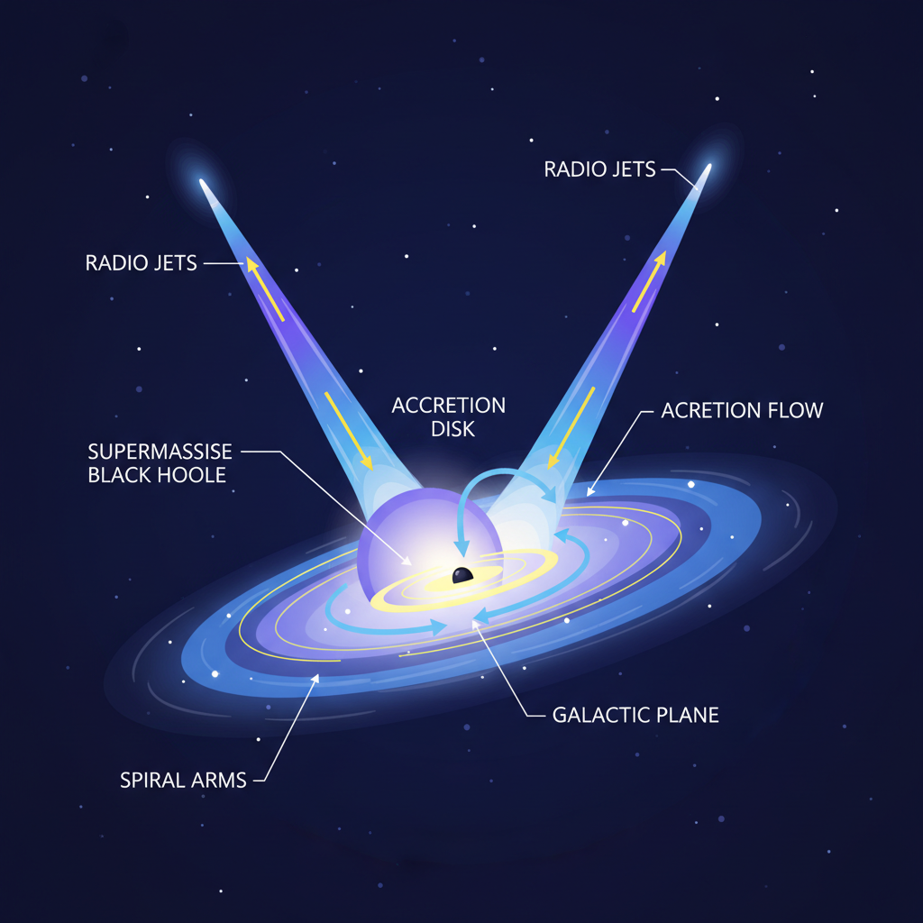 Este diagrama ilustra como um buraco negro supermassivo no centro de uma galáxia espiral pode gerar jatos bipolares de energia. A matéria em queda forma um disco de acreção, do qual partículas são ejetadas em alta velocidade, influenciando o ambiente galáctico.