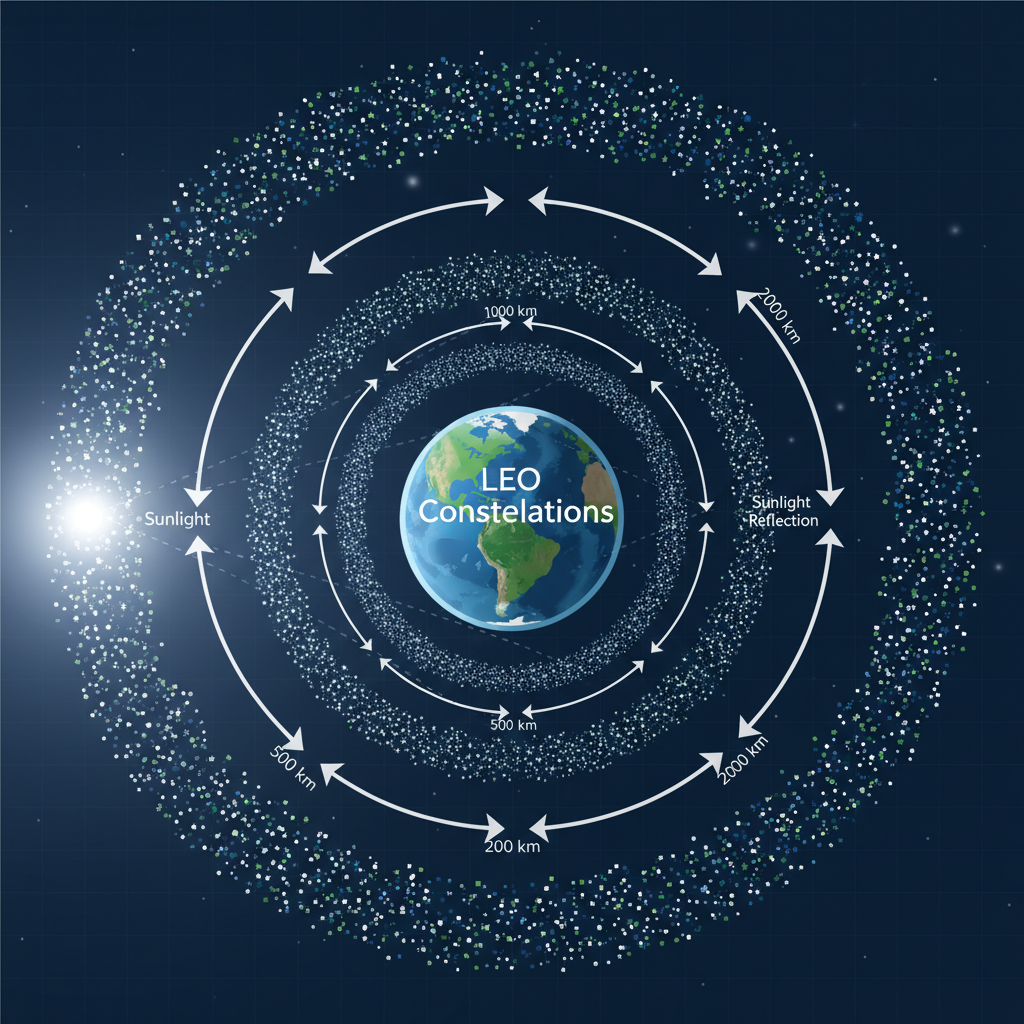 Este diagrama ilustra a densidade crescente de megaconstelações de satélites em órbita terrestre baixa (LEO), que refletem a luz solar e ameaçam a escuridão natural do céu noturno.