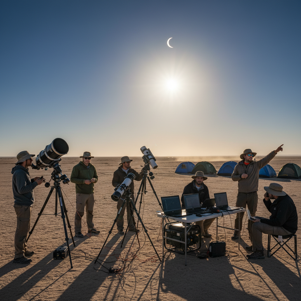 Cientistas da Universidade do Havaí montam equipamentos especializados em um local remoto, preparando-se para registrar um eclipse solar total. A observação direta durante esses eventos raros fornece dados insubstituíveis para a pesquisa solar.