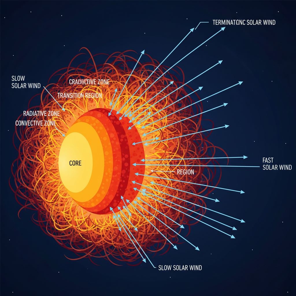 Este diagrama ilustra como a coroa solar, com sua turbulência e temperaturas extremas, é a fonte da aceleração do vento solar. Partículas carregadas são impulsionadas a velocidades supersônicas, influenciando todo o sistema planetário.