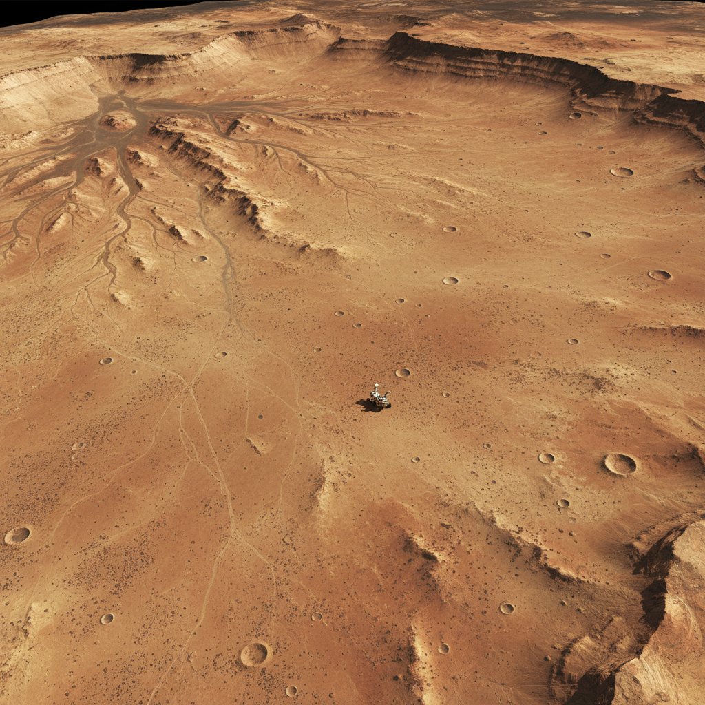 Uma vista orbital da Cratera Jezero em Marte, o local de pouso do rover Perseverance. Este ambiente desafiador e vasto agora é mapeado com precisão inédita pelo robô, que utiliza mapas de terreno orbitais para sua navegação autônoma.