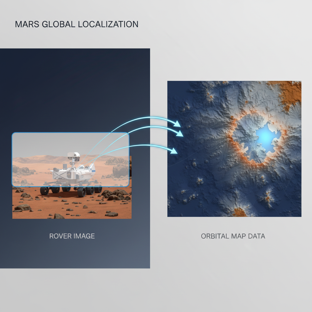 Esquema conceitual do algoritmo 'Mars Global Localization', que permite ao Perseverance comparar imagens panorâmicas de seu entorno com mapas orbitais pré-carregados. Este processo sofisticado garante a localização precisa do rover na superfície marciana.