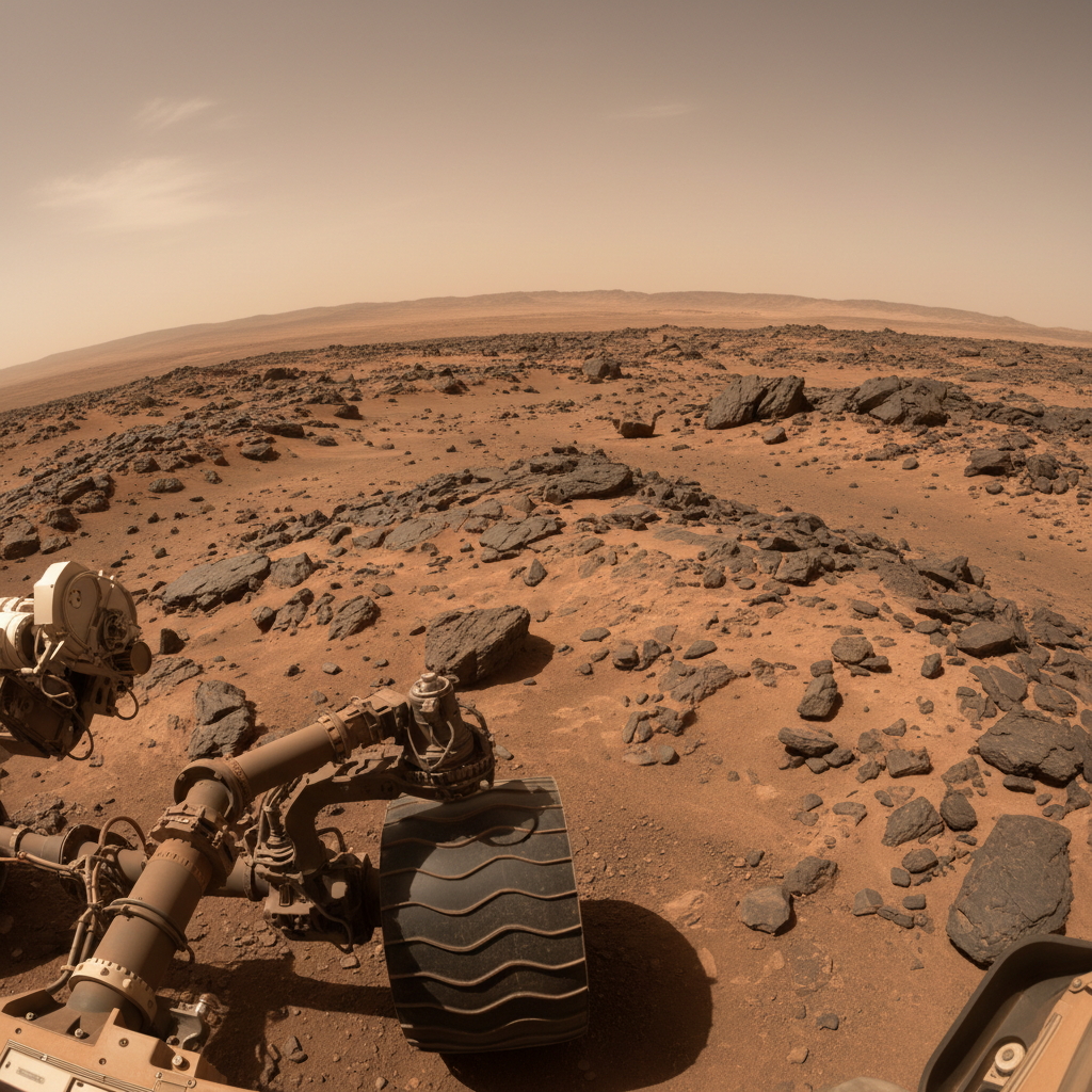 A perspectiva do rover Perseverance, que agora 'vê' e se localiza no terreno marciano com autonomia sem precedentes. Esta visão encapsula a grandiosidade da engenharia humana e a solidão da exploração interplanetária.