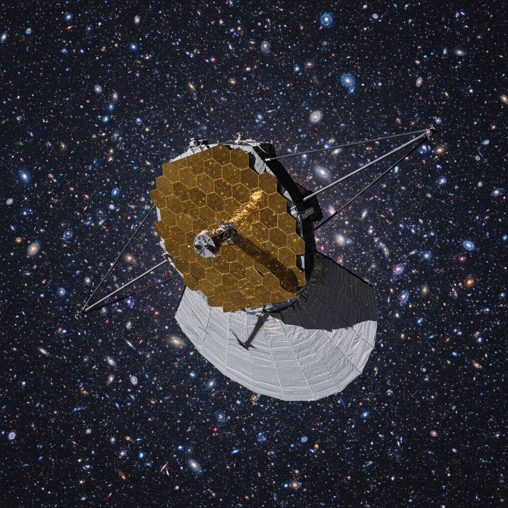 O Telescópio Espacial James Webb (JWST) em órbita, um instrumento crucial para desvendar os mistérios do universo primitivo. Suas observações permitiram a descoberta da galáxia medusa distante.