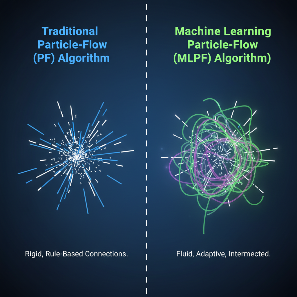 Comparativo visual entre o algoritmo tradicional Particle-Flow (esquerda) e a nova abordagem baseada em Machine Learning (direita), que promete uma reconstrução de colisões mais precisa e adaptativa.