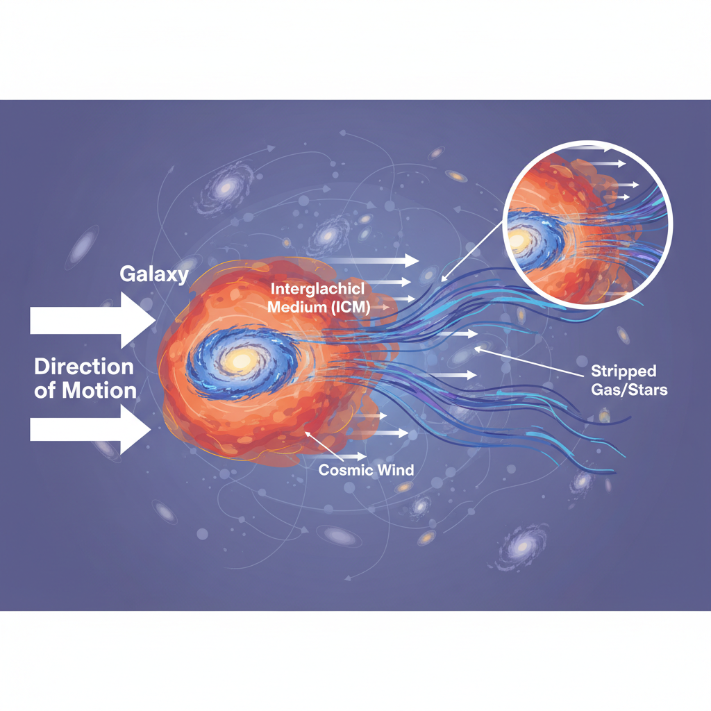 Esquema ilustrativo do 'despojamento por pressão de arrasto', o fenômeno que cria as galáxias medusa. Uma galáxia perde gás e poeira ao atravessar o meio intergaláctico denso de um aglomerado.