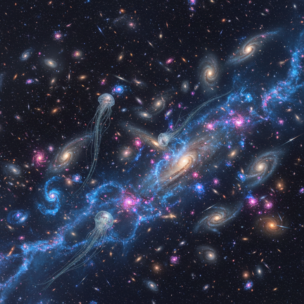 Uma visão espetacular de um aglomerado de galáxias primitivo, há 8,5 bilhões de anos, um ambiente de intensa atividade cósmica. Este cenário turbulentos é o berço de fenômenos como as galáxias medusa.