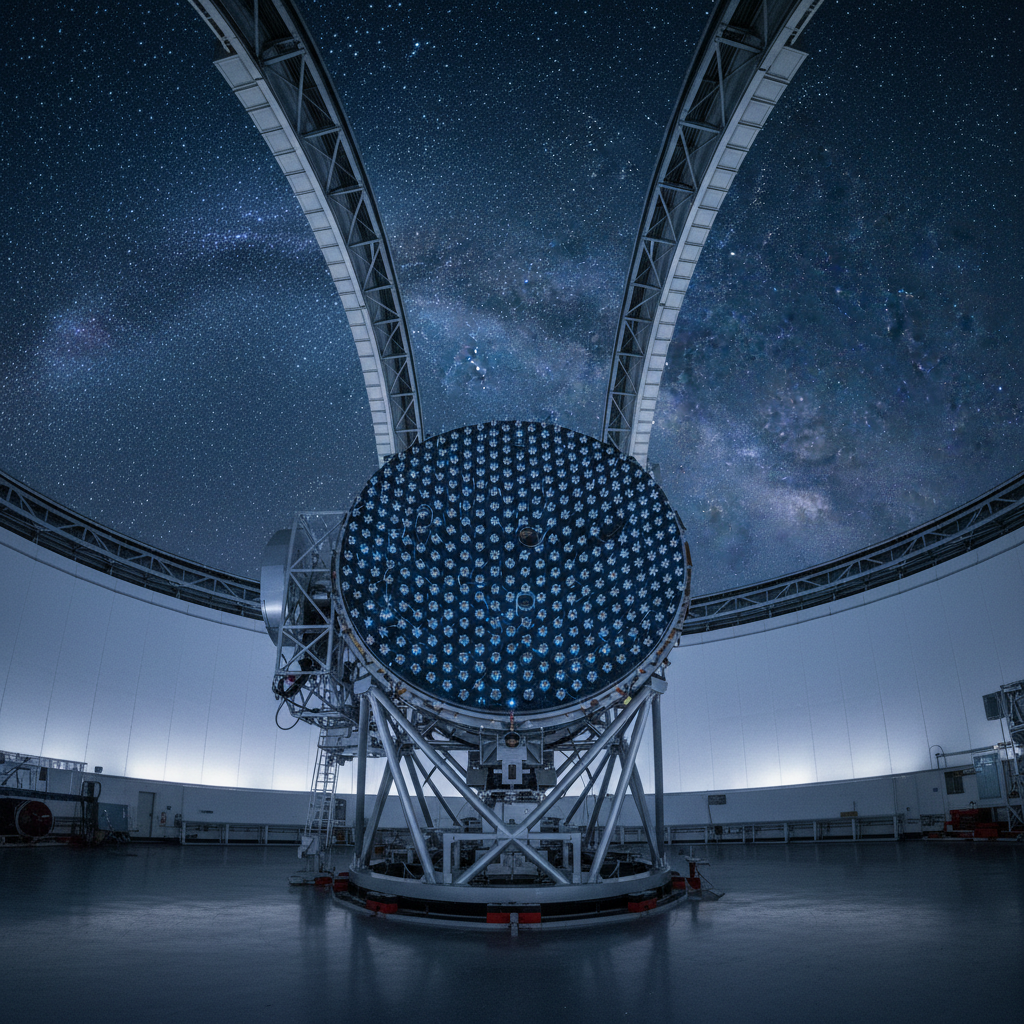 O Instrumento Espectroscópico de Energia Escura (DESI) no Telescópio Mayall, um empreendimento colossal que mapeia milhões de galáxias para desvendar a natureza da energia escura.