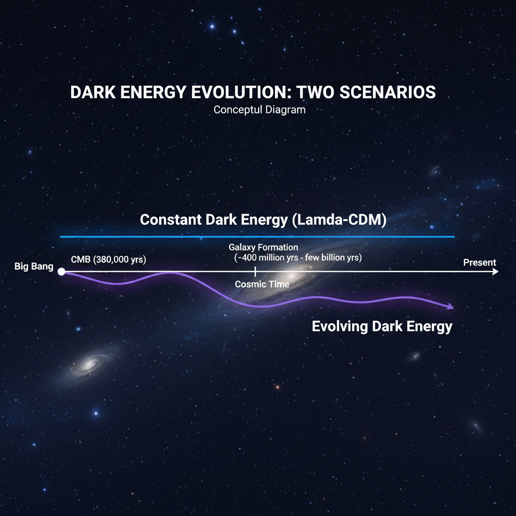 Diagrama comparativo ilustrando a hipótese da energia escura constante (modelo Lambda-CDM) versus a possibilidade de sua variação ao longo da história cósmica, um dos grandes debates da cosmologia atual.