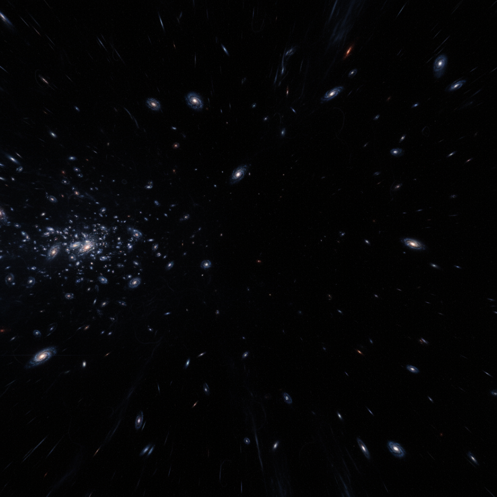 Uma visão dramática e especulativa do destino final do universo, onde a expansão acelerada impulsionada pela energia escura leva a uma vastidão fria e vazia, com galáxias cada vez mais isoladas.
