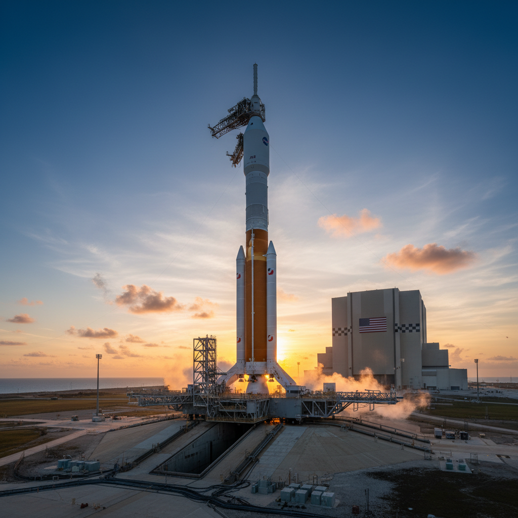 O colossal foguete Space Launch System (SLS) se ergue no Complexo de Lançamento 39B em Cabo Canaveral, aguardando o próximo teste crucial para a missão Artemis II.