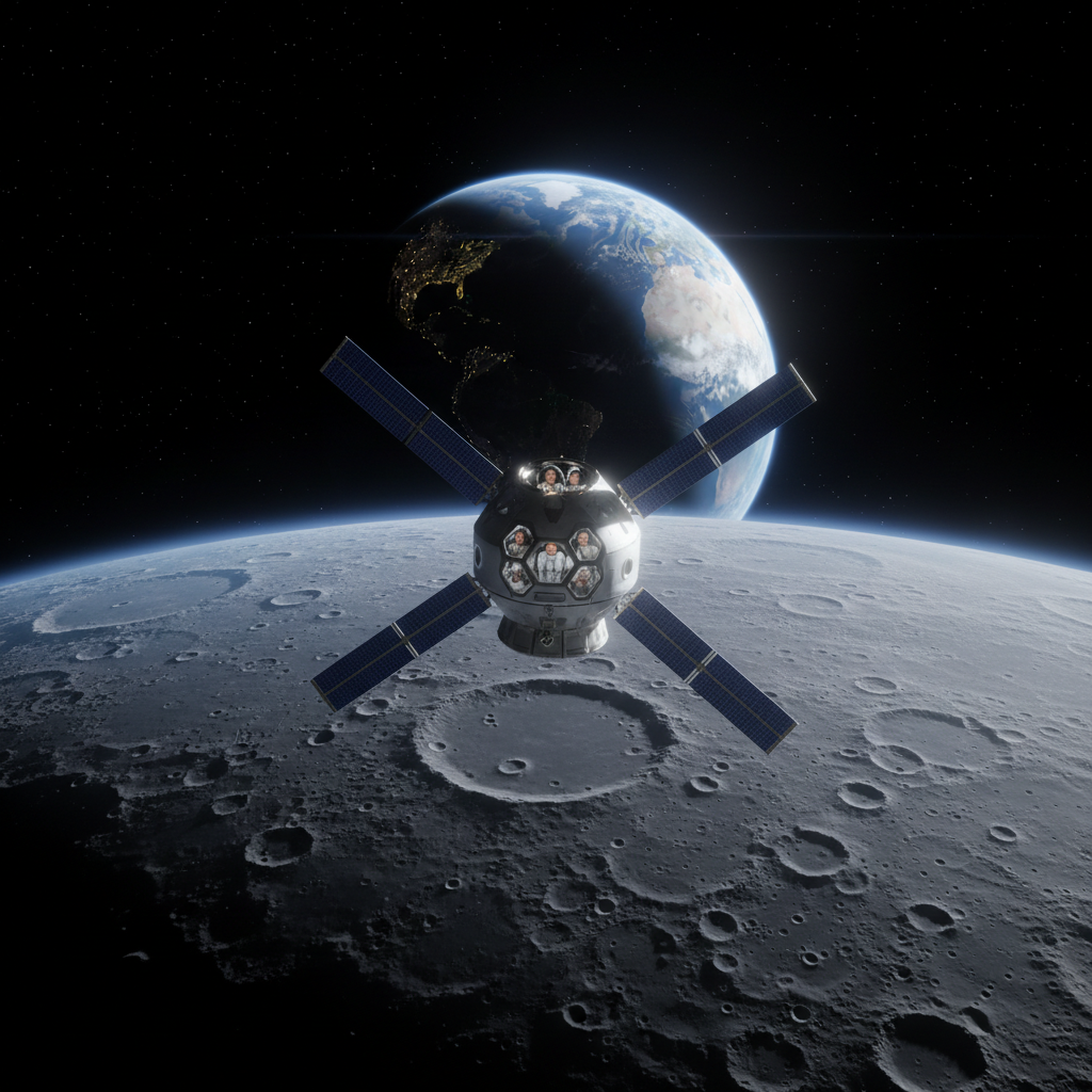 A cápsula Orion da missão Artemis II, com seus astronautas a bordo, circunda a Lua, marcando o retorno da humanidade às proximidades do nosso satélite natural após décadas.