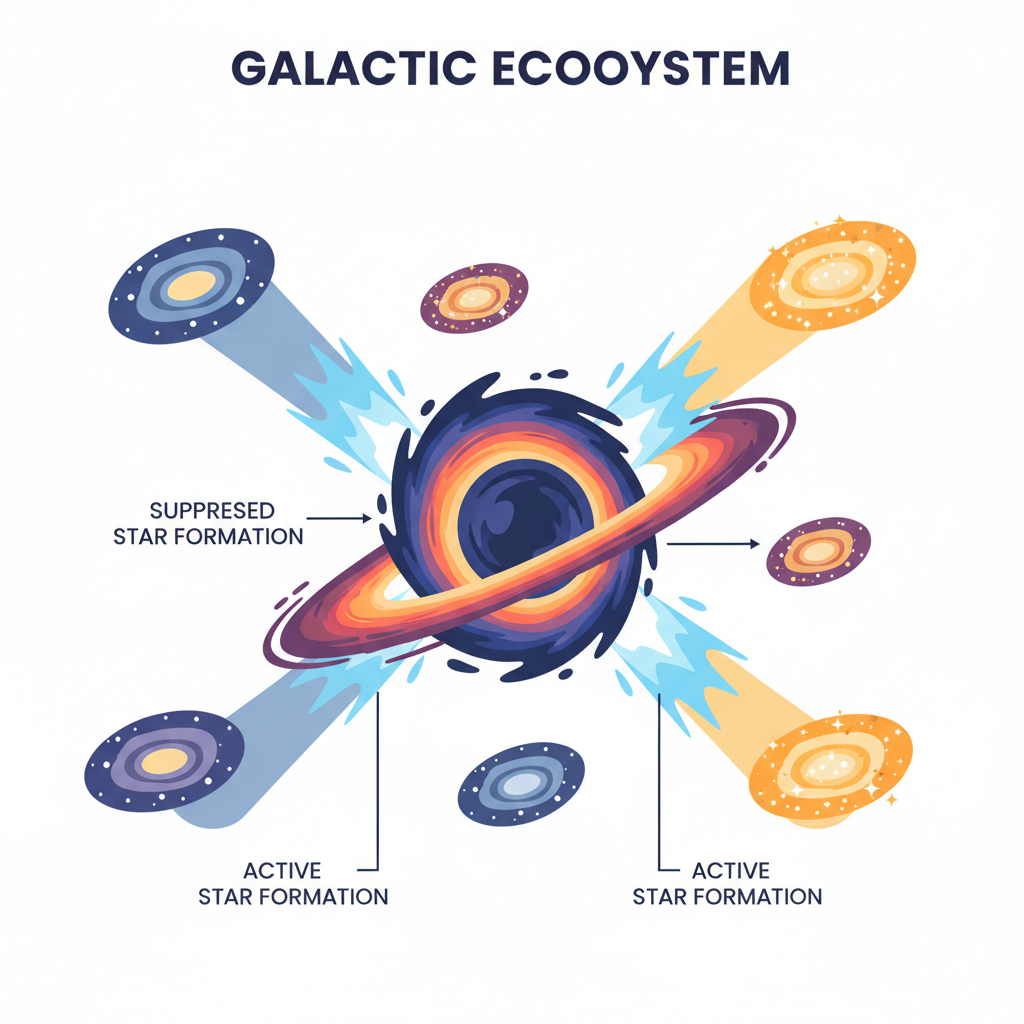 Este diagrama conceitual ilustra o 'ecossistema galáctico', onde um buraco negro supermassivo ativo atua como um 'predador', influenciando a formação de estrelas em galáxias a milhões de anos-luz de distância. A analogia destaca a interconectividade cósmica.