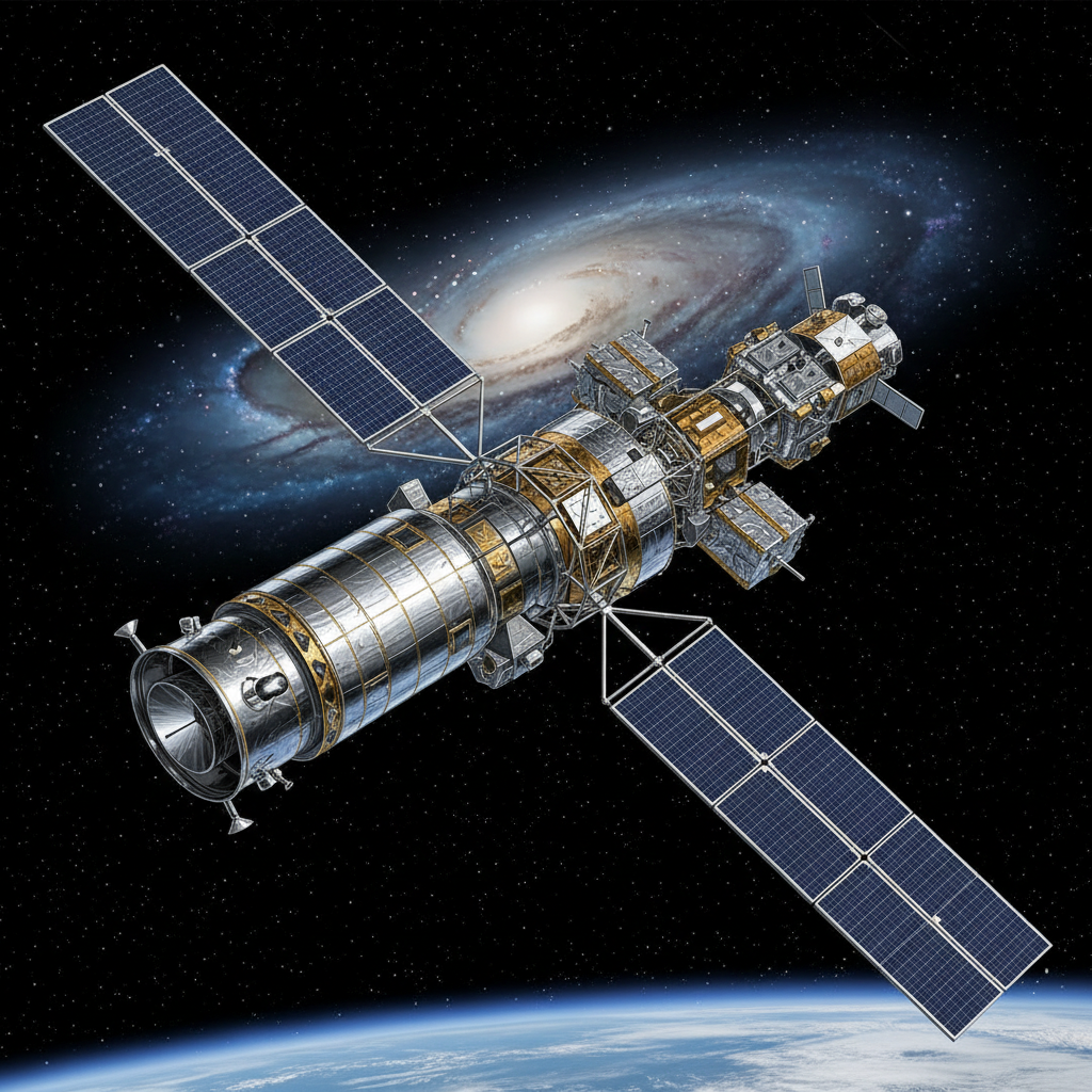 O Observatório de Raios-X Chandra da NASA, uma ferramenta crucial na detecção de buracos negros e outros fenômenos de alta energia. Telescópios como este são essenciais para desvendar os mistérios do universo invisível.