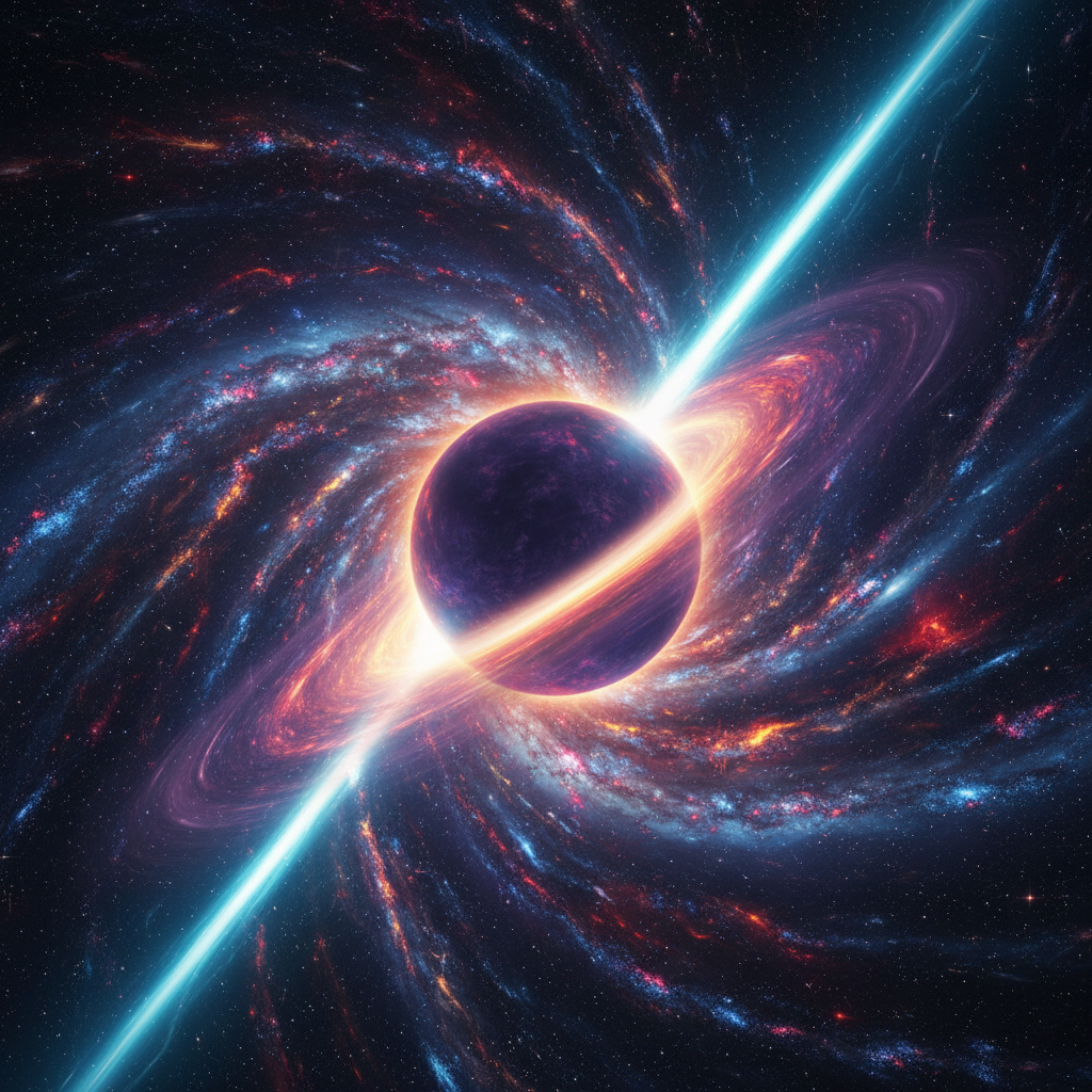 Uma visão dramática de um buraco negro supermassivo desgarrado, rasgando o tecido de uma galáxia distante, um espetáculo de destruição cósmica. Este cenário ilustra o poder inimaginável de tais viajantes cósmicos.