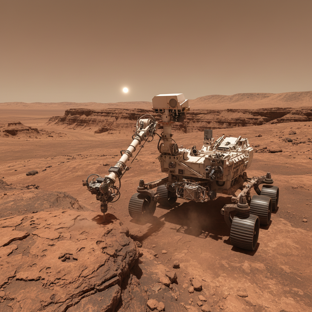 O rover Perseverance da NASA em operação no Planeta Vermelho, coletando dados geológicos cruciais que revelam evidências de um Marte antigo com condições propícias à vida.