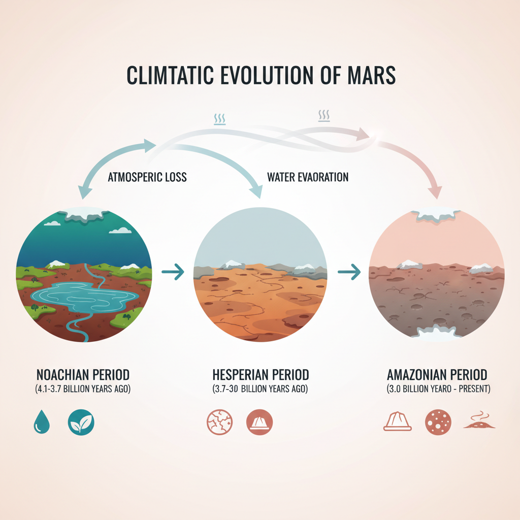 Diagrama esquemático que ilustra a evolução climática de Marte, destacando a transição de um período Noachiano quente e úmido para as condições áridas e frias que observamos hoje.