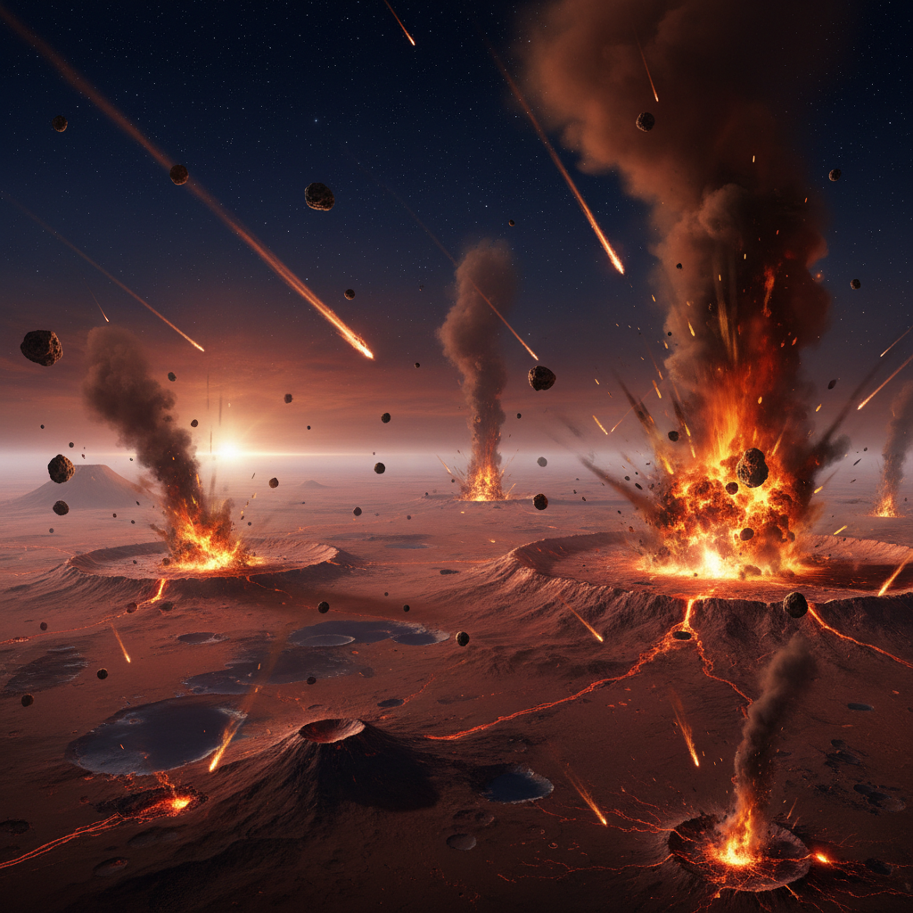 Uma visão dramática do Intenso Bombardeio Tardio, um período de violentos impactos de meteoritos que moldou a superfície de Marte, criando bacias gigantescas como Hellas e Argyre, há bilhões de anos.