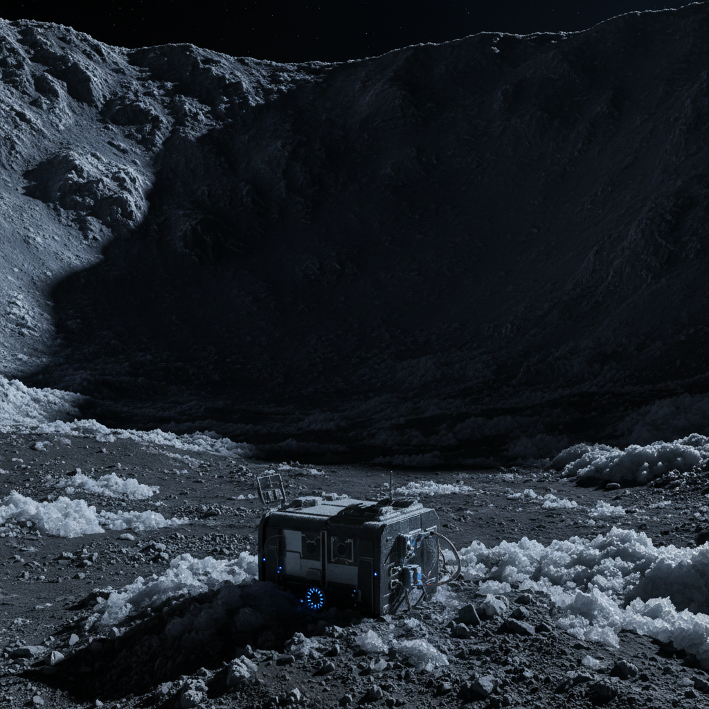 O ambiente gélido e estável de uma cratera polar lunar, um laboratório natural ideal para experimentos de alta precisão como o relógio mestre lunar.