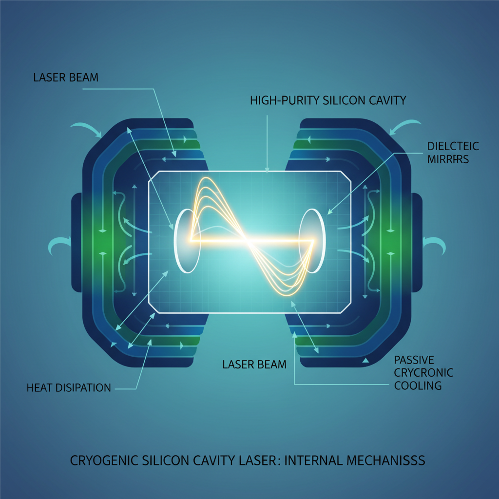 Representação esquemática do laser de cavidade de silício criogênico, a peça central do relógio mestre lunar, operando em temperaturas ultra-baixas com precisão inigualável.
