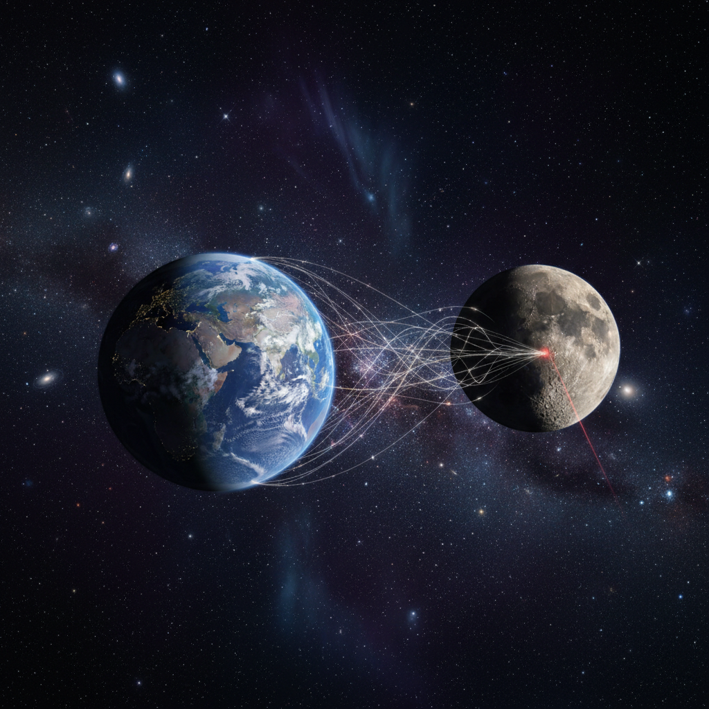 Uma visão inspiradora da Terra e da Lua, conectadas por uma rede invisível de tecnologia e ambição humana, simbolizando o avanço na navegação espacial e cronometragem global.