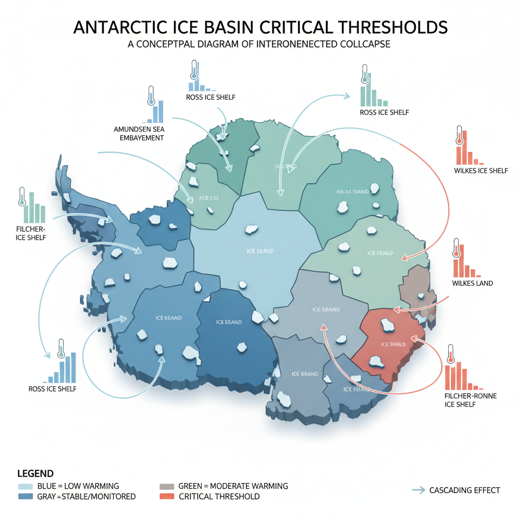 Este diagrama conceitual ilustra a nova compreensão de que a Antártida possui múltiplos limiares críticos, com cada uma das dezoito bacias de gelo reagindo de forma diferente ao aquecimento global. A perda de gelo pode ocorrer em uma sequência de colapsos localizados e interconectados.