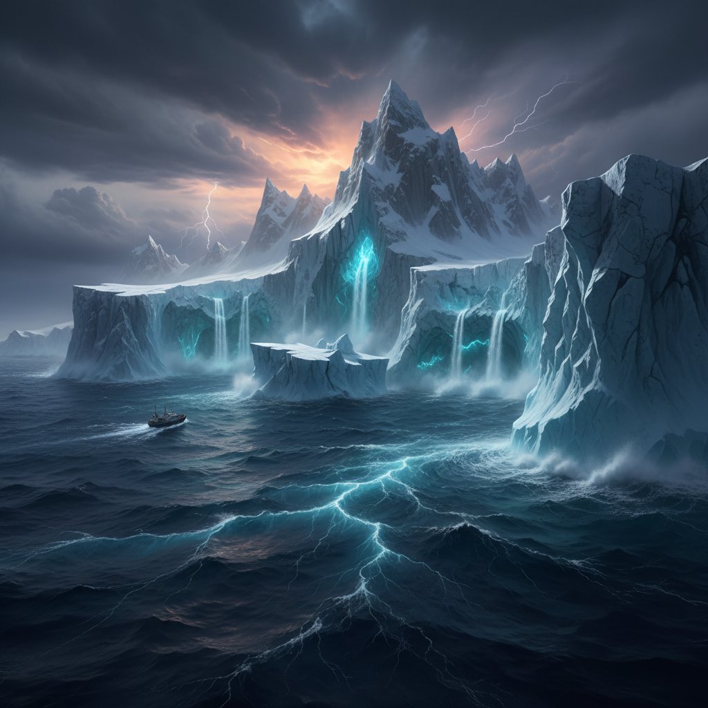 O gigante adormecido da Antártida começa a despertar sob o aquecimento antropogênico, com imensas massas de gelo se desprendendo em um espetáculo grandioso e alarmante. Esta imagem captura a magnitude e a fragilidade do continente, um lembrete vívido da influência humana sobre os sistemas naturais mais colossais da Terra.