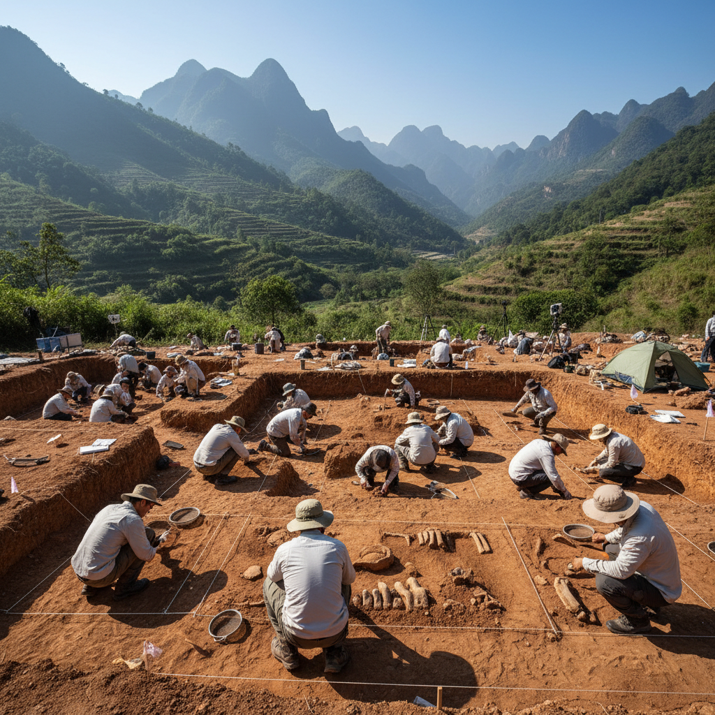 Cientistas em um sítio arqueológico na província de Hubei, China, onde fósseis de Homo erectus foram reavaliados usando metodologias de datação inovadoras.