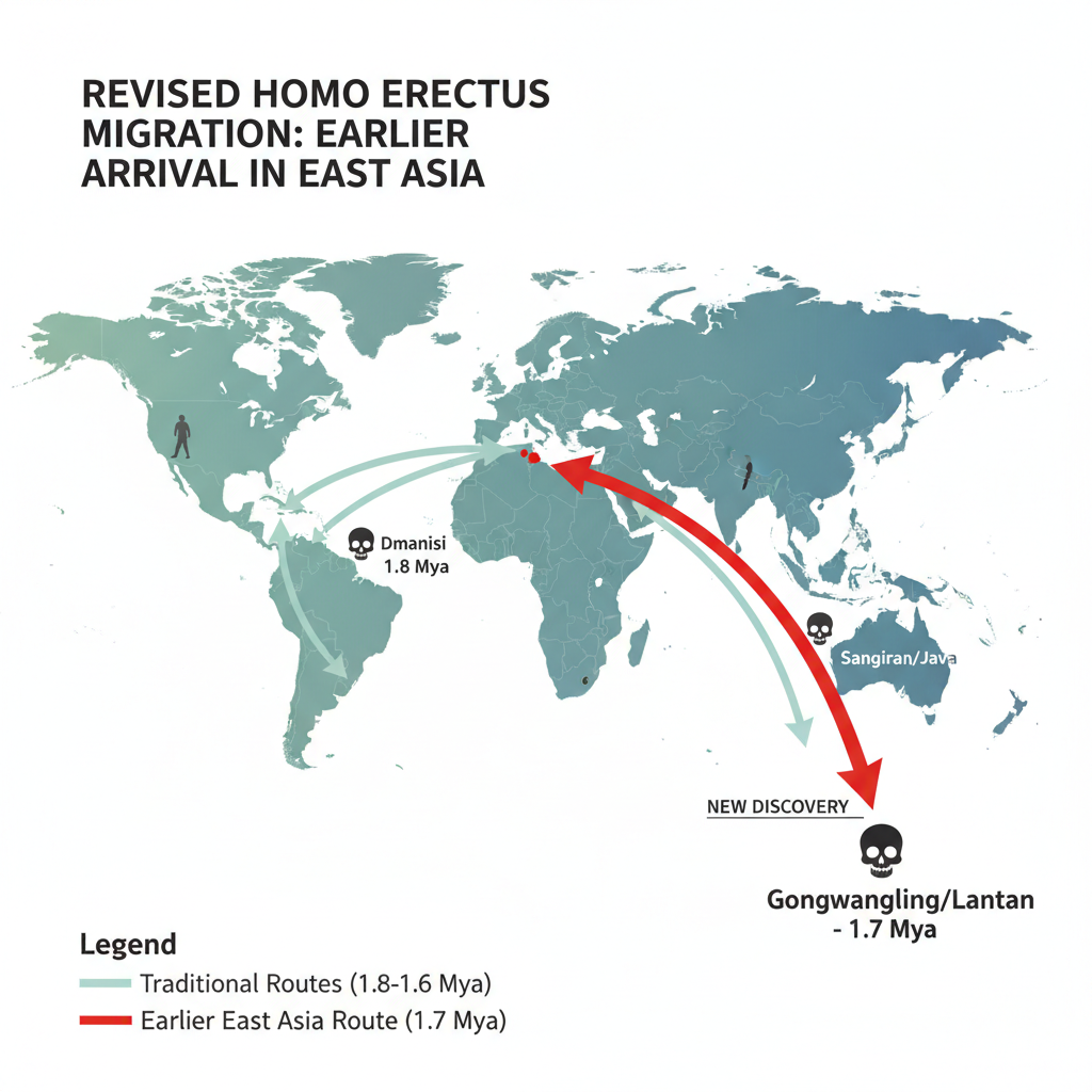 Um diagrama conceitual mostrando a dispersão do Homo erectus, com a nova data de 1,7 milhão de anos para a China reconfigurando as rotas de migração para a Ásia Oriental.